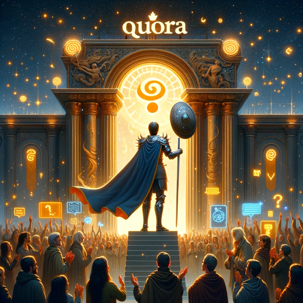A digital hero, cloaked in wisdom, stands before the glowing gates of Quora, a realm filled with questions as numerous as stars in the night sky. Armed with the shield of knowledge and the sword of expertise, this hero embarks on a quest to vanquish doubts and enlighten seekers. Around them, grateful citizens of the digital world, from various walks of life, gather in awe and admiration. Their gestures and expressions convey deep appreciation for the hero's guidance. The scene is rich with symbols of learning and growth, such as books, scrolls, and light bulbs, all subtly integrated into the architecture and environment of Quora. The style is epic, yet inviting, capturing the transformative power of sharing knowledge in a digital age.