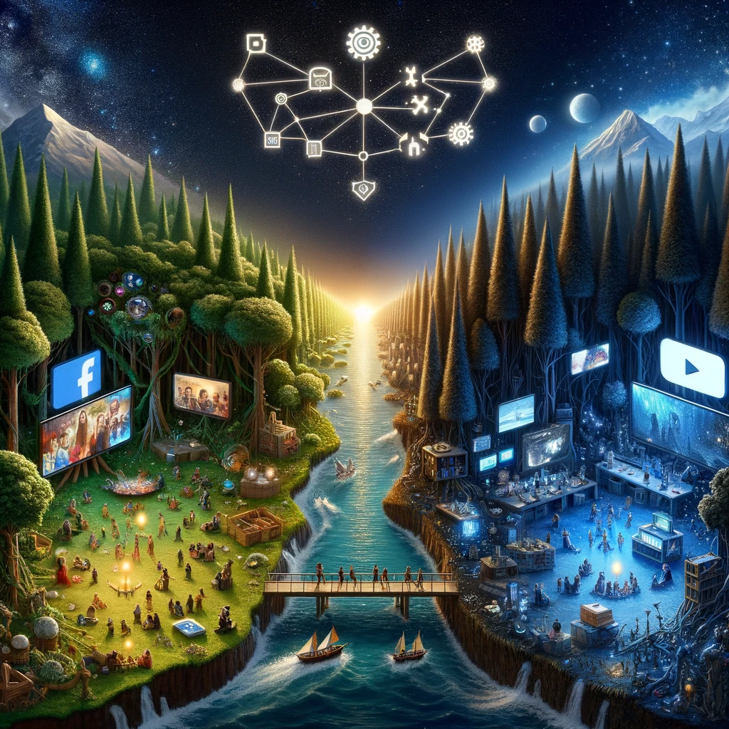 Visualize a captivating scene where the digital landscapes of Facebook Watch and YouTube are personified as two vast, contrasting kingdoms. One kingdom thrives in a lush, vibrant ecosystem symbolizing Facebook Watch, with various communities gathered around screens, showcasing short, engaging stories and live events. The other kingdom represents YouTube, depicted as an expansive, evergreen forest filled with deep content libraries, educational channels, and creative studios. Between these kingdoms, a river flows, symbolizing the stream of content that connects them, dotted with bridges that represent the cross-platform engagement opportunities. Above, a constellation shaped like algorithm gears casts light on each kingdom differently, illustrating the unique ways content is discovered and shared within each platform.
