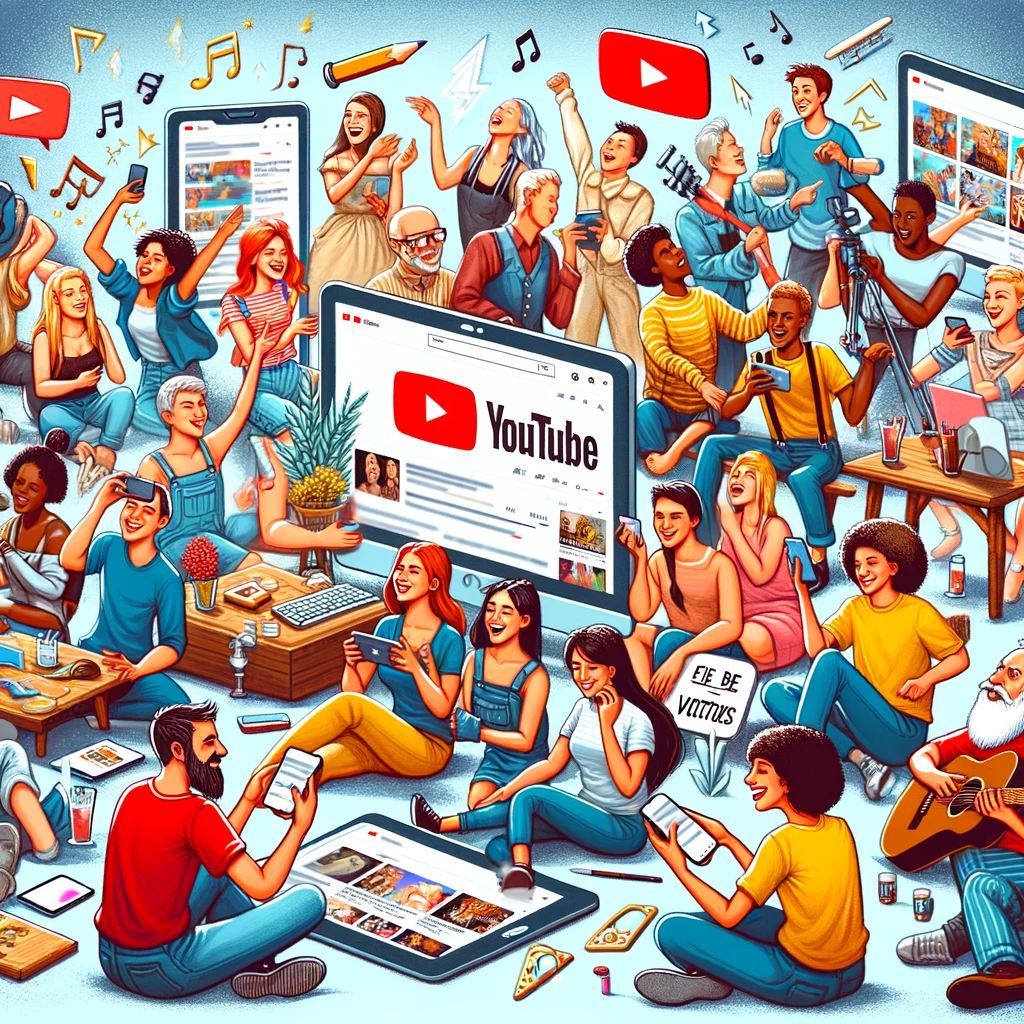 Illustrate a lively scene of a diverse group of people engaging with various YouTube videos on different devices like smartphones, tablets, and computers. The setting is filled with excitement, creativity, and inspiration, as viewers laugh, ponder, and share their favorite moments. Each person is captivated by content that reflects their interests, from educational tutorials and mesmerizing travel vlogs to thrilling music videos and engaging DIY projects. This scene celebrates YouTube's role as a global platform that offers a wide range of video content, catering to every imaginable interest and connecting content creators with audiences around the world in meaningful ways.