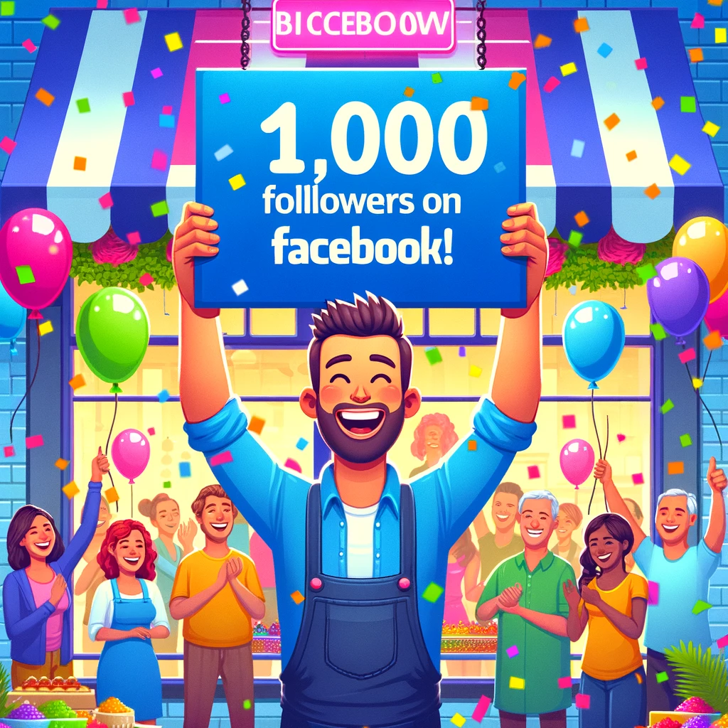 A vibrant, colorful image of a small business owner standing in front of their shop, beaming with pride as they hold up a sign that reads '1000 Followers on Facebook!' The background is bustling with happy customers, symbolizing a thriving community. Balloons and confetti add to the celebratory atmosphere, reflecting the joy and success of reaching a significant social media milestone.