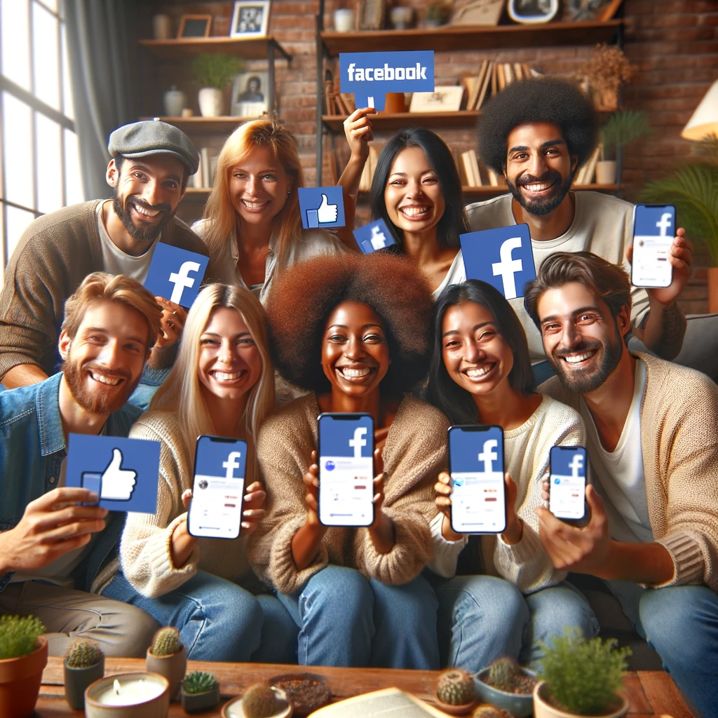 An image depicting a cheerful group of diverse people, each holding a smartphone and showing a Facebook page on their screens. They are gathered in a cozy living room, symbolizing warmth, friendship, and community. The atmosphere is one of support and excitement, as they come together to support their friend's or family member's new Facebook fan page. The image captures the essence of personal networks and the power of close connections in social media growth.