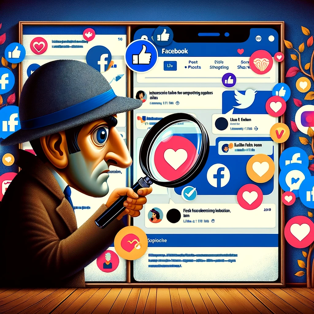 An illustration showing a detective with a magnifying glass, peering closely at a large, vibrant Facebook interface displayed on a wall. The detective symbolizes a social media strategist researching competing fan pages. Various posts, likes, and shares are visible through the magnifying glass, highlighting the detective's focus on what content performs best. This creative representation emphasizes the strategy of understanding and learning from the competition in the social media landscape.