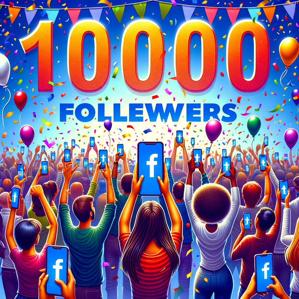 A digital illustration of a vibrant celebration scene with a diverse group of people, each holding up their mobile devices displaying '1000 Followers' on their screens, surrounded by confetti and balloons in a festive atmosphere. This image symbolizes the achievement of reaching a significant milestone on Facebook, reflecting joy, unity, and success. The characters are depicted in a moment of jubilation, capturing the essence of community and shared victory in the social media landscape.