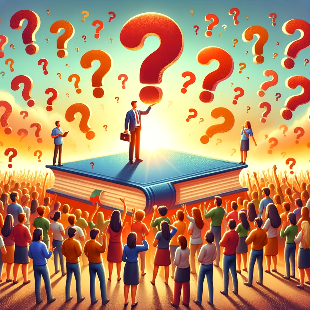Create a vibrant, engaging illustration of a person standing on a platform made of books, reaching out to answer questions represented by floating question marks all around. The person is depicted as a knowledgeable guide, surrounded by a diverse audience eagerly listening and learning. The atmosphere is warm and inviting, emphasizing the exchange of ideas and information. This scene symbolizes the concept of sharing expertise on a knowledge-sharing platform, where every answer helps build connections and guide people to discover more.