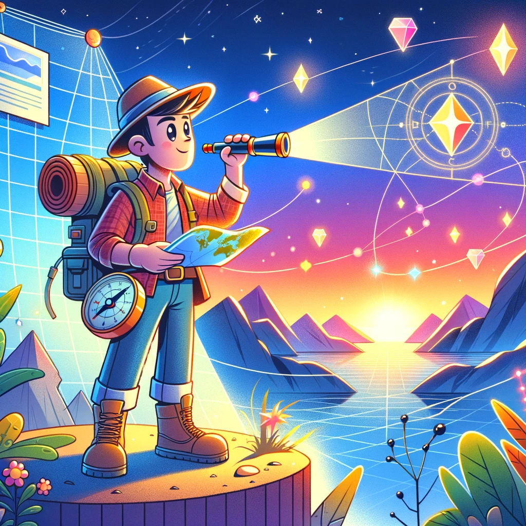 Illustrate an adventurous digital explorer in a whimsical cartoon style, standing at the edge of a vast digital landscape. The explorer is equipped with a telescope, a map, and a compass, symbolizing the search for new online territories beyond the familiar realms of Google and Facebook. The background shows a colorful and vast digital landscape with hidden gems sparkling in the distance, representing untapped traffic sources. This image should evoke a sense of wonder, exploration, and the excitement of discovering new opportunities in the digital world.