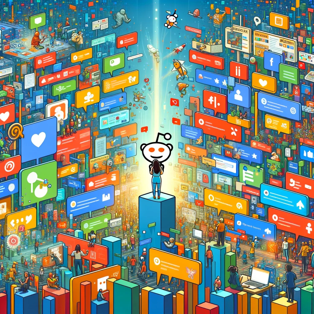 Illustrate a colorful, bustling digital cityscape filled with various thematic areas representing different interests and communities. In the center, a person is actively participating in discussions, sharing insights, and connecting with others across multiple areas. This scene embodies the dynamic and inclusive environment of Reddit, highlighting the importance of community engagement and the sharing of valuable content. The atmosphere is lively and positive, showcasing the potential for meaningful interactions and connections within this digital landscape.