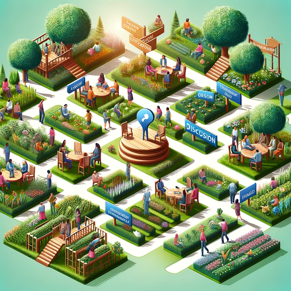 Illustrate an idyllic garden scene where individuals are gathered around various discussion areas, each labeled with different topics of interest. In the center, a person contributes to a discussion, symbolizing the act of sharing knowledge and expertise in a forum. This garden is vibrant and alive, with pathways connecting the discussion areas, representing the interconnectedness of conversations. The scene conveys the warmth, community, and value of participating in specialized forums, highlighting the potential for growth and connection.