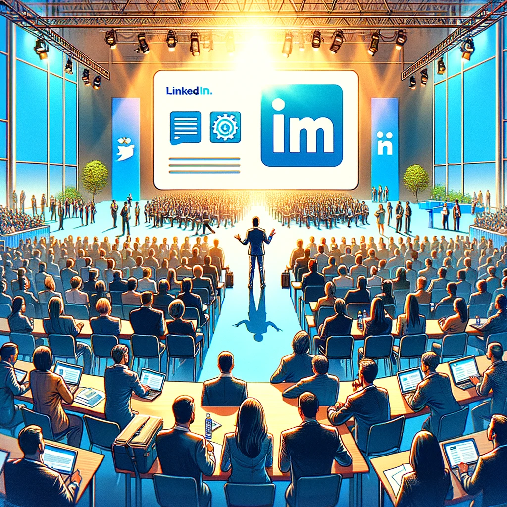 Create an illustration depicting a vibrant conference hall filled with professionals from various industries engaging in discussions, sharing ideas, and networking. At the center, a person stands presenting valuable content on a large screen, symbolizing the act of sharing knowledge on LinkedIn. The audience is attentive and engaged, reflecting the platform's community of professionals seeking insights. This scene captures the essence of LinkedIn as a space for professional growth and knowledge exchange, highlighting the potential to connect with an audience genuinely interested in your expertise.